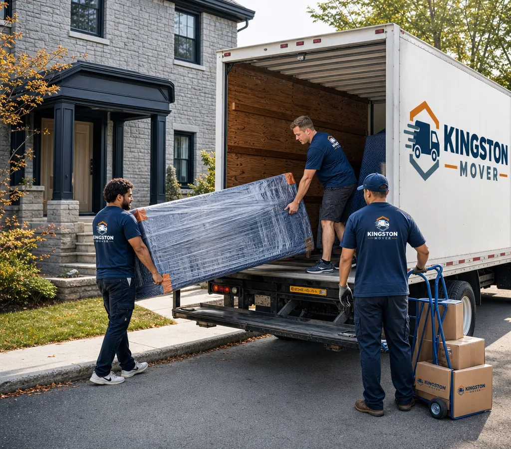 Moving crew carrying wrapped furniture from a Kingston home to a clean box truck