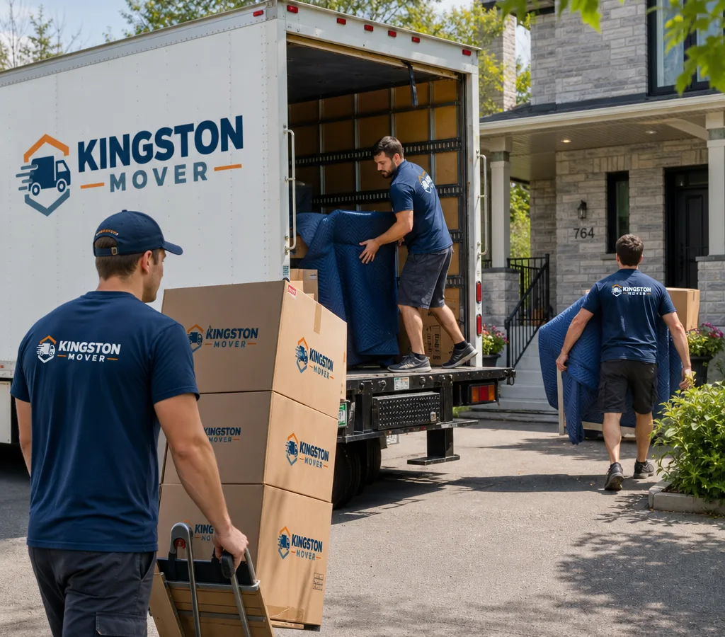Professional moving crew loading a truck at a Kingston residential driveway with labeled boxes and moving blankets
