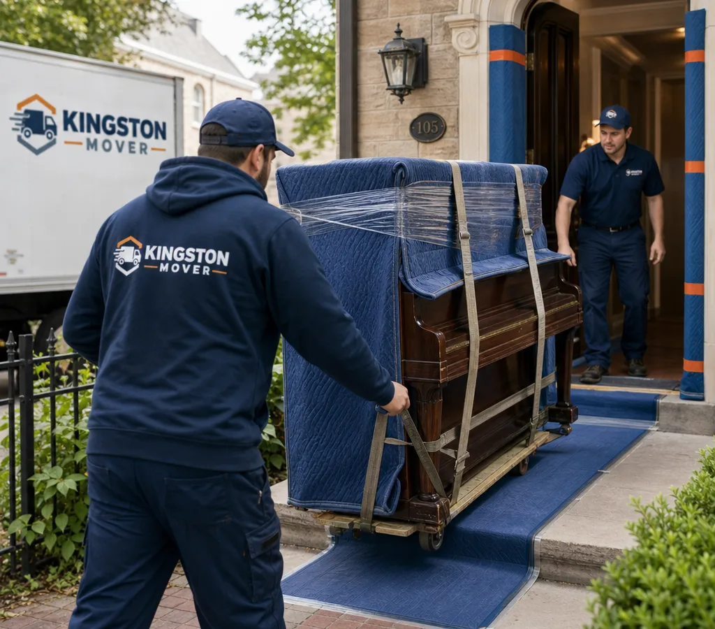 Moving crew guiding a wrapped upright piano on a skid board out of a Kingston home with protected floors and doorways
