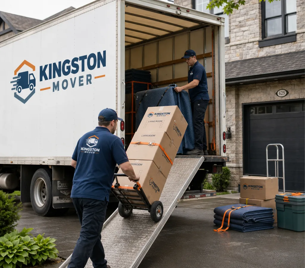 Moving truck being carefully loaded at a Kingston driveway with dollies, moving blankets, straps and room-labelled boxes
