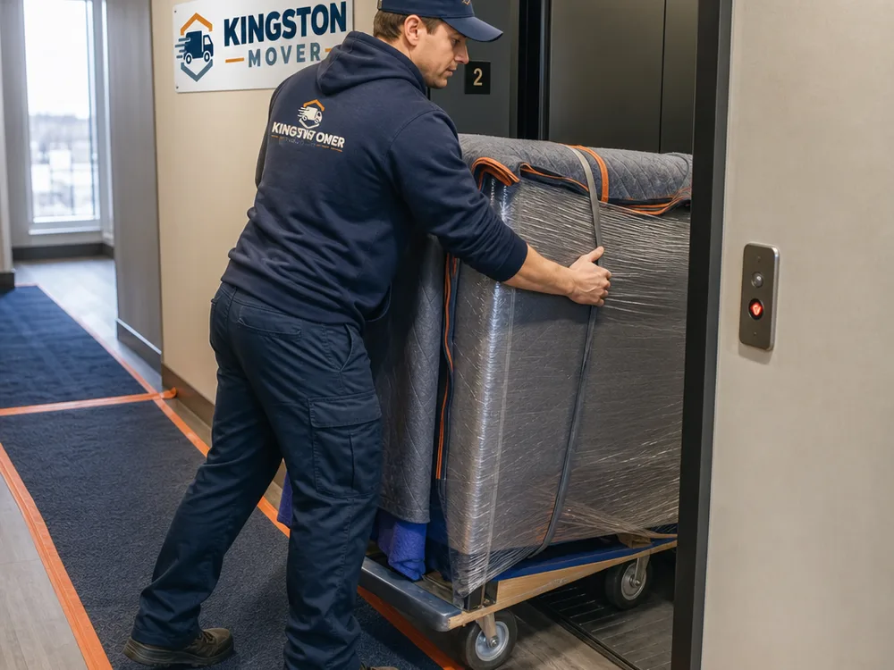 Mover protecting a Kingston apartment hallway while guiding a wrapped sofa on a dolly toward an elevator