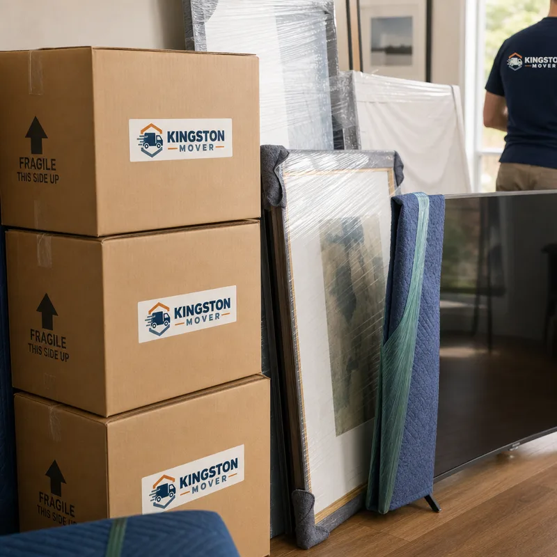 Labeled fragile moving boxes beside wrapped artwork and a television in a living room staging area