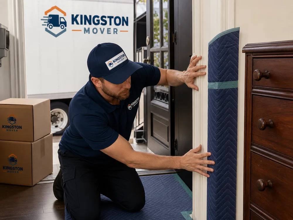 Mover laying a floor runner and padding a door frame before moving boxes and a dresser through a Kingston home entryway
