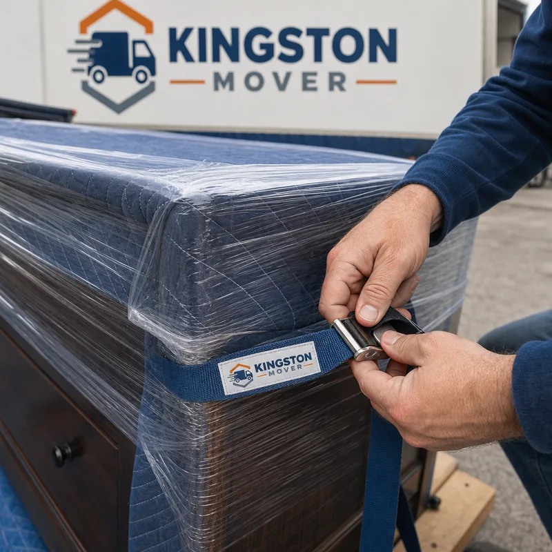 Dresser corner wrapped with a moving blanket and stretch wrap while a mover secures a strap before placing it on a dolly
