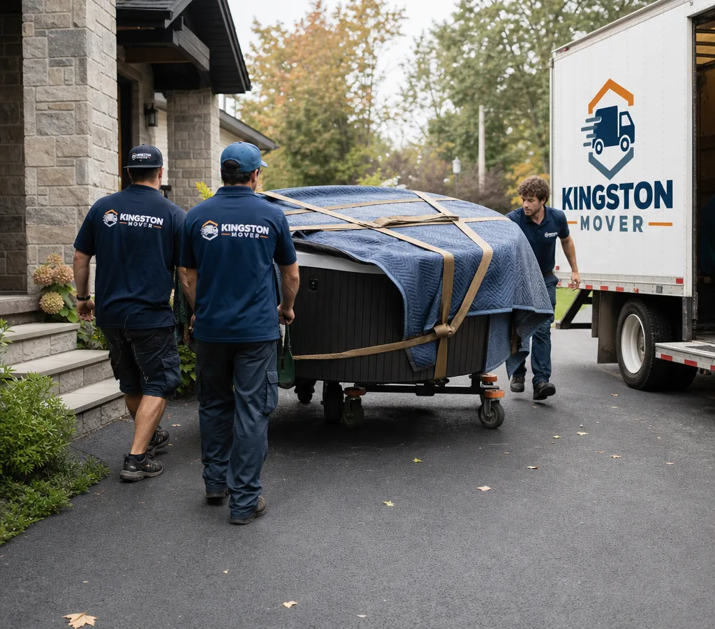 Professional crew guiding a strapped hot tub on a dolly along a Kingston residential driveway