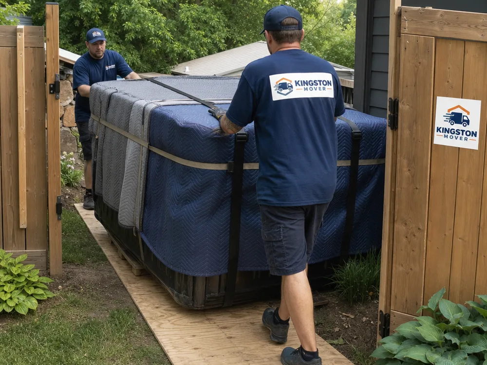 Wrapped hot tub guided through a backyard gate over a protected plywood path