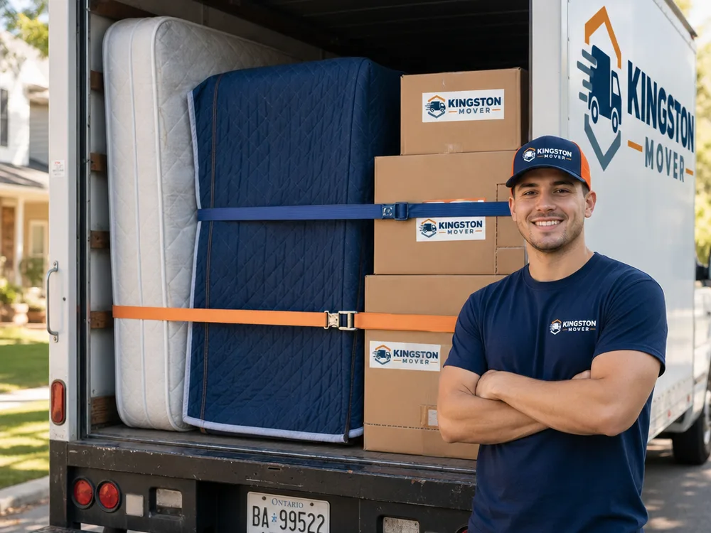 Compact apartment load with a mattress, wrapped dresser, and labeled boxes secured inside a small moving truck