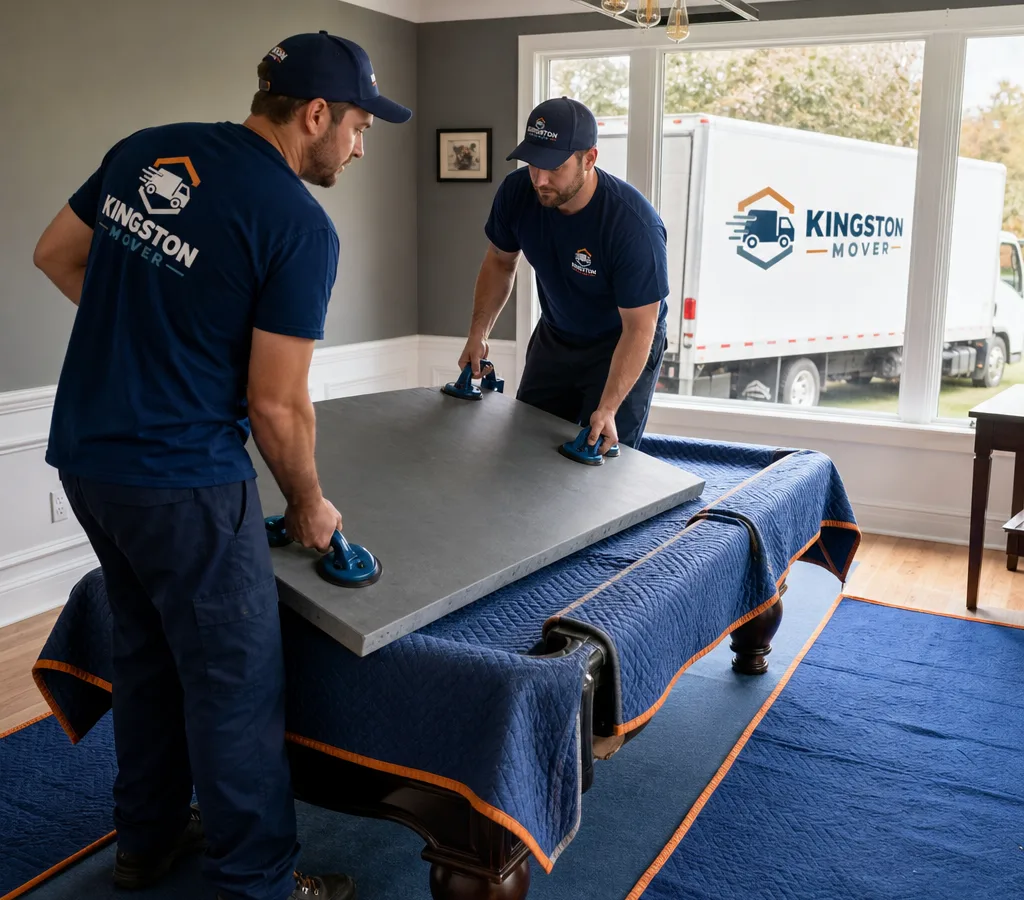 Two professional movers carefully lifting a pool table slate section with suction cups while the padded frame and floor are protected