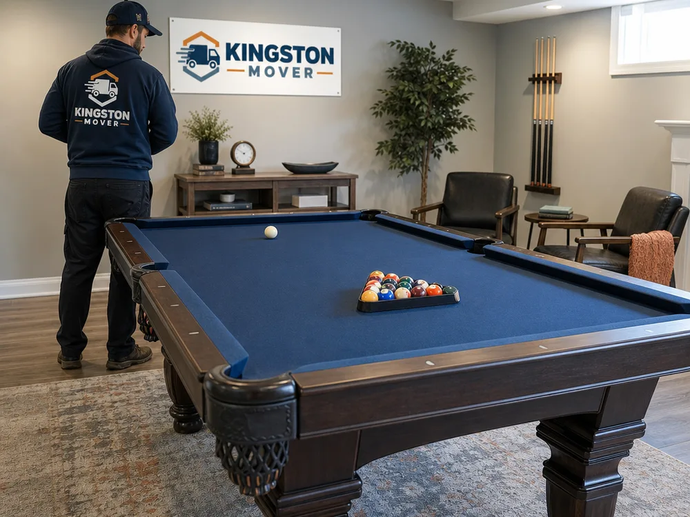 Reassembled pool table in a finished basement recreation room with balls racked and clear space around the table
