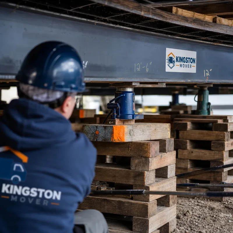 Steel beams, cribbing stacks, and hydraulic jacks arranged beneath a building at marked lift points