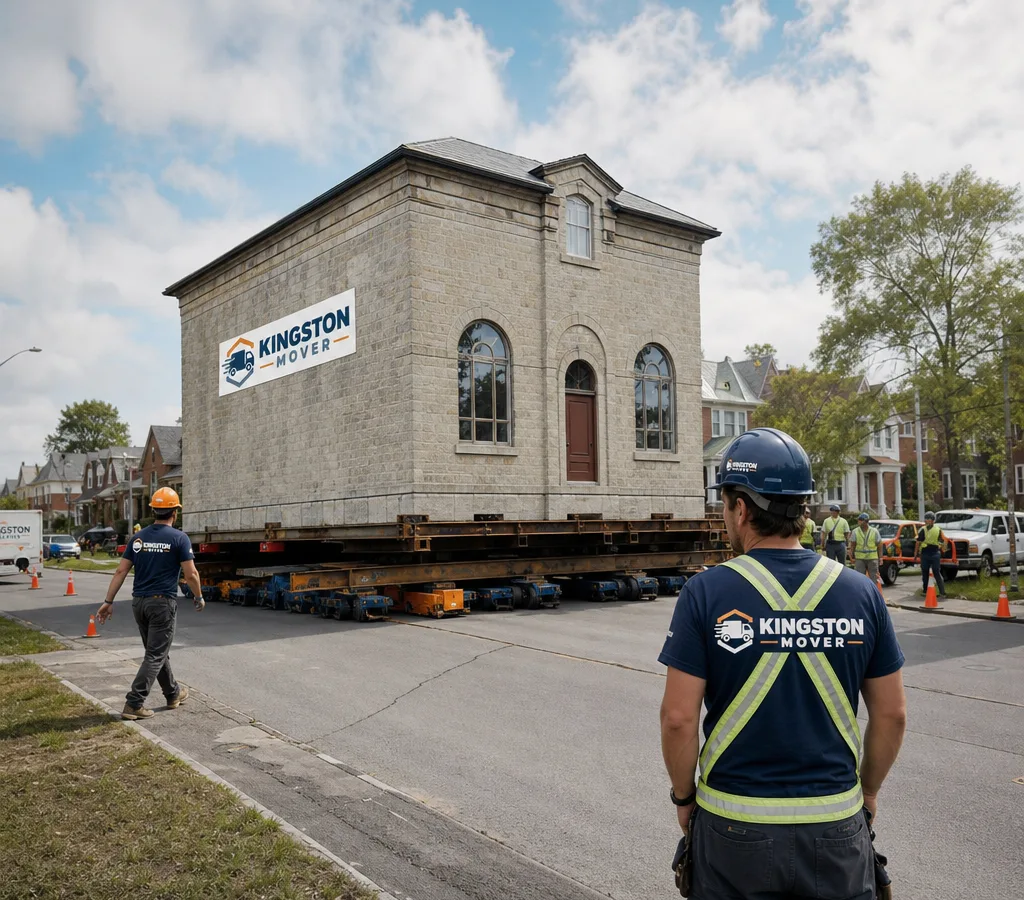 A building on steel beams and hydraulic dollies moving along a residential street with spotters and safety cones