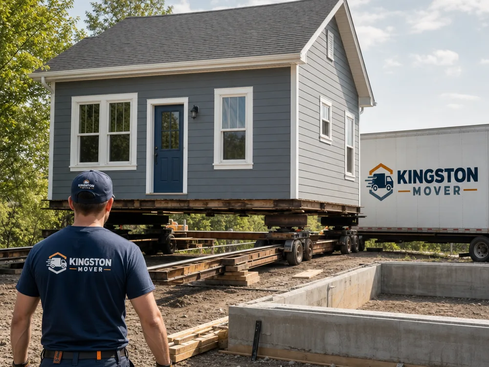 A small cottage lifted on beams and dollies moving toward a prepared foundation area