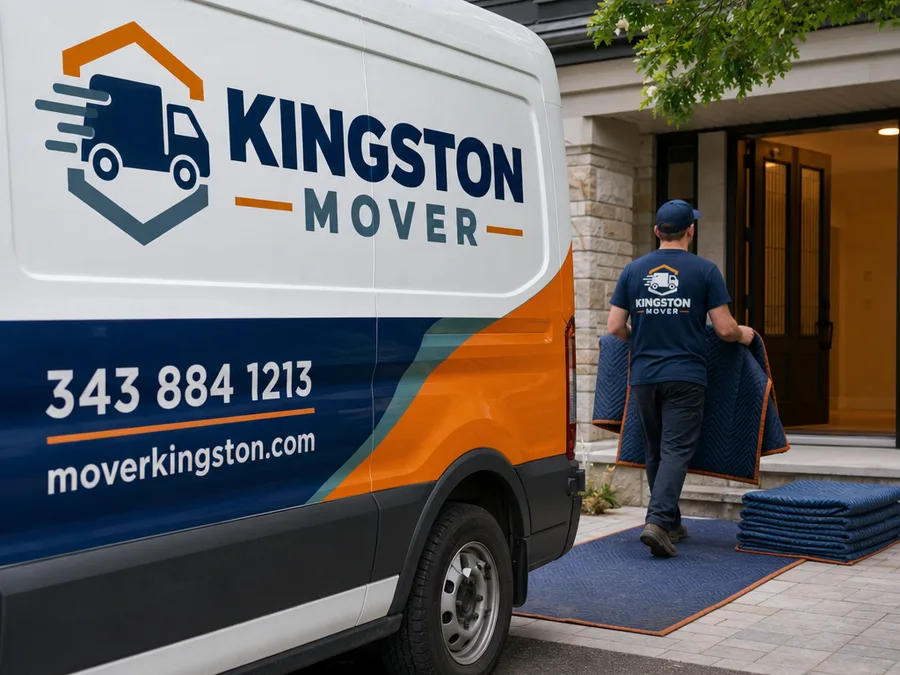 Mover laying floor protection and positioning moving blankets near a front entry