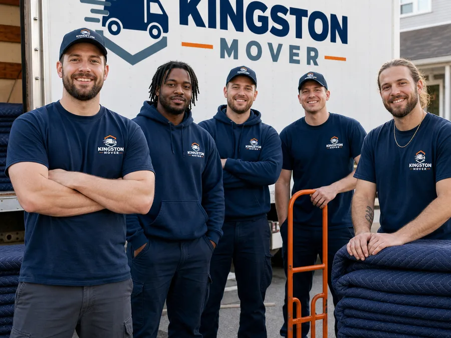 Uniformed Kingston movers standing by a moving truck with blankets and dollies