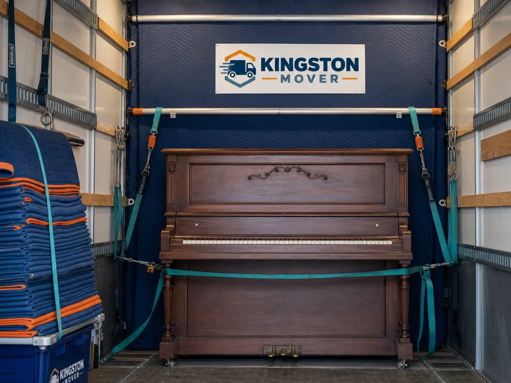 Piano secured against a padded moving truck wall with anchored straps and load bars